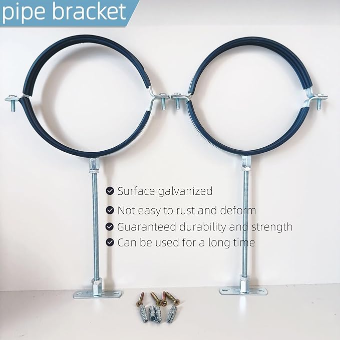 2 Sets Premium 10 Inch Adjustable Pipe Metal Bracket，Heavy Duty Galvanized Iron Stove Pipe Hanger Strap，Wall Support Chimney Round Split Ring Dryer Vent Hose Duct PVC Holder，with All Mounting Screws
