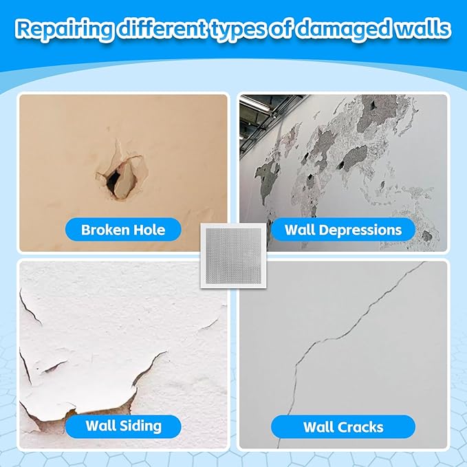 Wall Repair Patch Kit Upgraded Size, 8 Psc 10/8/6/4 inch Self Adhesive Pieces Aluminum Drywall Repair Kit, with Its Own Large Squeegee and Scraping
