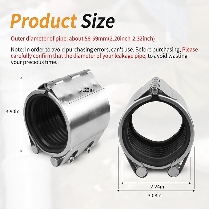 Pipe Repair Clamp Kit -2 Inch 56mm-59mm High Pressure Resistant Pipe Coupling Clamp for Plastic&Metal Pipes, Emergency Duty Leak Sealer with Stainless Steel, Quick Fix for Water/Gas/Oil Lines