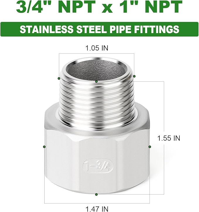 TAISHER 5PCS 304 Stainless Steel Pipe Fitting, Reducer Adapter, 3/4" NPT Male x 1" NPT Female