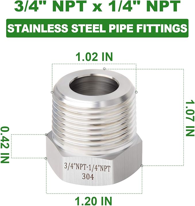 TAISHER 5PCS Forging of 304 Stainless Steel Reducer Hex Bushing, 3/4" Male NPT to 1/4" Female NPT, Reducing Forging Pipe Adapter Fitting
