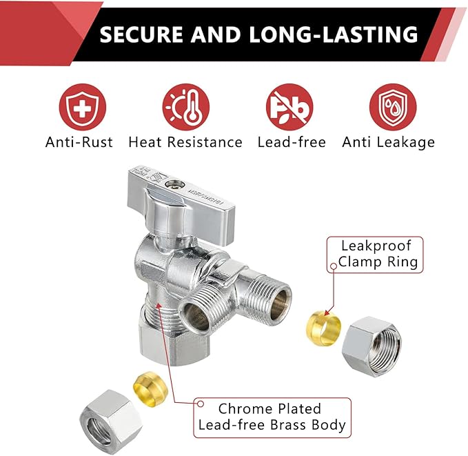(Pack of 2) EFIELD 1/4 Turn Dual Compression Outlet Angle Stop Valve,1/2" NOM (5/8" OD) x (3/8 inch x 3/8 inch), Chrome Plated Brass Made,(VALVE206)