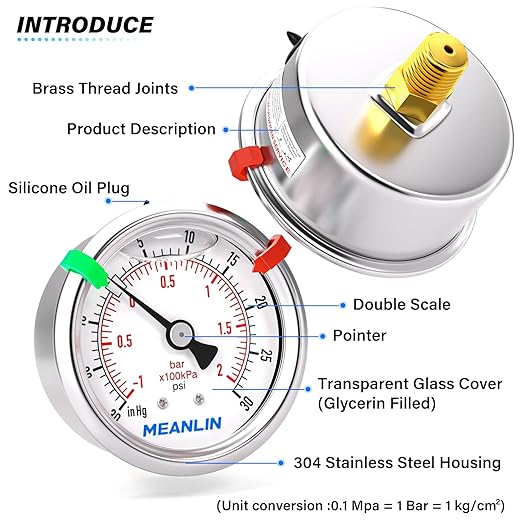 MEANLIN MEASURE -30inHG~30Psi Vacuum Pressure Gauge 1/8" NPT 2.5" FACE DIAL, Stainless Steel Liquid Filled Pressure Gauge WOG Water Oil Air Center Back Mount (with 2PCS Snaps)