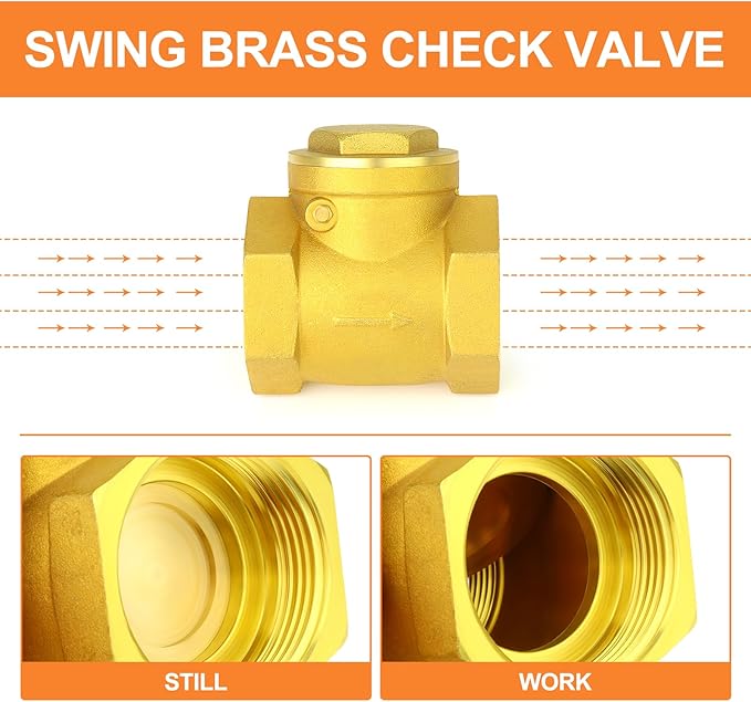 GASHER 1PCS Brass Swing Check Valve 2" Female Thread, Backflow Prevention, One Way Check Valves for Sump Pump and Air Compressor, Gas Air Fuel Oil Water