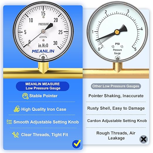 MEANLIN MEASURE 0-30 in H2O Diaphragm Type Capsule Low Pressure Gauge 1/4" NPT 2-1/4" FACE DIAL Adjustable Water Column Gauge, with 1/2" NPT and 3/8" NPT Hex Bushing, Back Mount