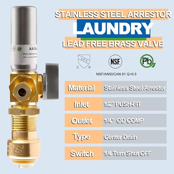 Ice Maker OutLet Box With Stainless Steel Water Hammer Arrestor,1/2 Inch Push-Fit Inlet x 1/4 Inch OD Compression Outlet,1/4 Turn Ball Vavle Outlet Box For Refrigerator,Water Dispenser