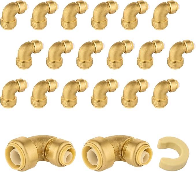 (Pack of 20) Niikappu 3/4 Inch x 1/2 Inch Reducing Elbow Brass Fitting, Push to Connect Plumbing Brass Fittings, PEX, Copper, CPVC, PE-RT Pipes