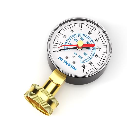 MEANLIN MEASURE 0~200Psi 3/4" Female Water Pressure Test Gauge, 2.5" FACE DIAL with Red Indicator Hands, Hydraulic Tester Suitable for Gardens, Water Pipes