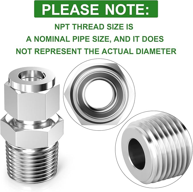 TAISHER 5PCS 304 Stainless Steel Compression Tube Pipe Fitting Connector, 3/8" Tube OD x 1/2" NPT Male Straight Adapter