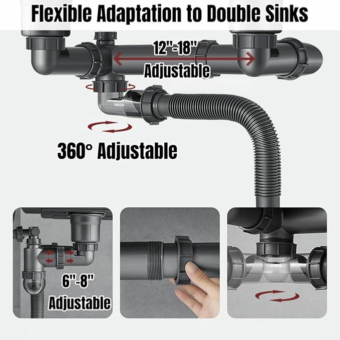 Expandable Flexible 1 1/2" or 1 1/4" Pipe kit for Double Kitchen Sink, All-In-One-Drain Kit for Double Bowl Sinks, Space saving, Suitable for Kitchen, Bathroom, Restroom