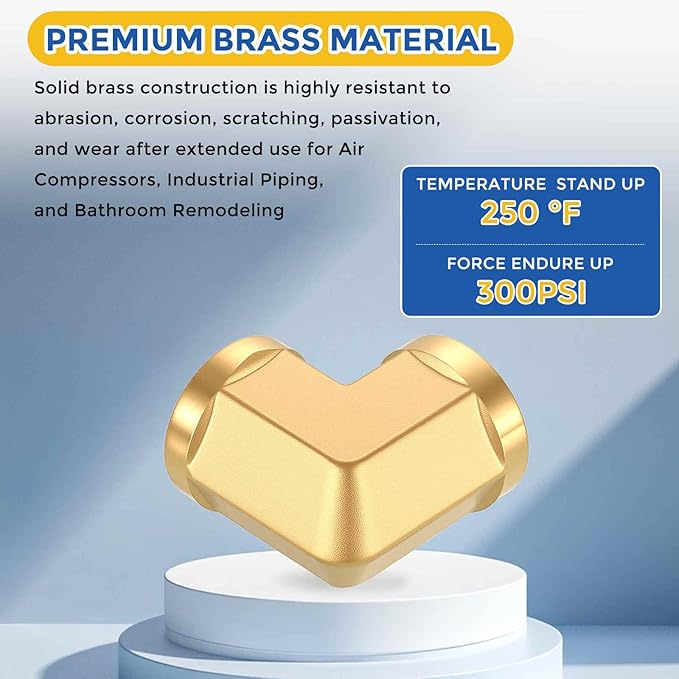 2 Pack Brass Pipe Fittings, 90 Degree 3/8" FeMale NPT to 3/8" FeMale NPT Barstock Street Elbow with Sealing Tape, Forged Pipe Fitting Connector for Air, Oil, LP