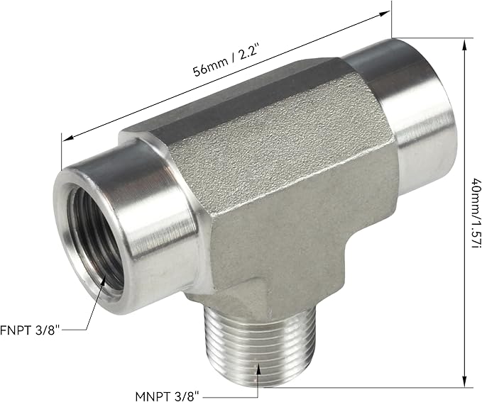 HFS(R) 304 Stainless Steel Forged Pipe Fitting NPT Tee, 3/8" NPT Female x 3/8" NPT Male x 3/8" NPT Female, 3 Ways Branch Tee Connector Pipe Fitting