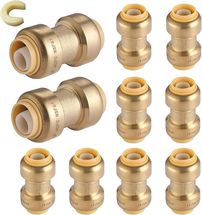 HeSun 10-Pack 3/4" Push-to-Connect Brass Coupling for PEX, Copper, CPVC, PE-RT Pipes