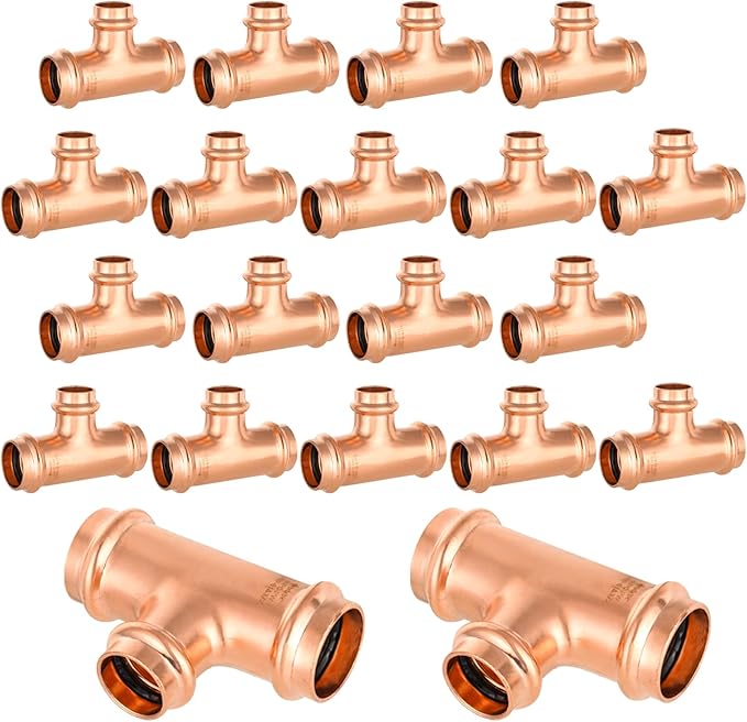 20-Pack GUOFIS Copper Press Tee,1" x 1" x 3/4" Tee Fittings for Copper Tube Connection with Stop(PRESS010-20Pack)