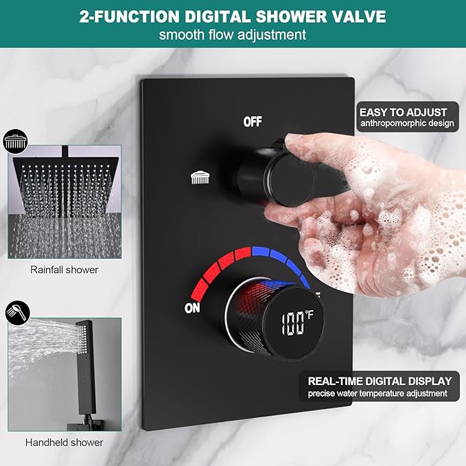 2 Way Shower Mixer Valve Temperature Display with Trim Kit, Digital Shower Diverter Mixing Brass Valve Body for Shower Faucets, Black