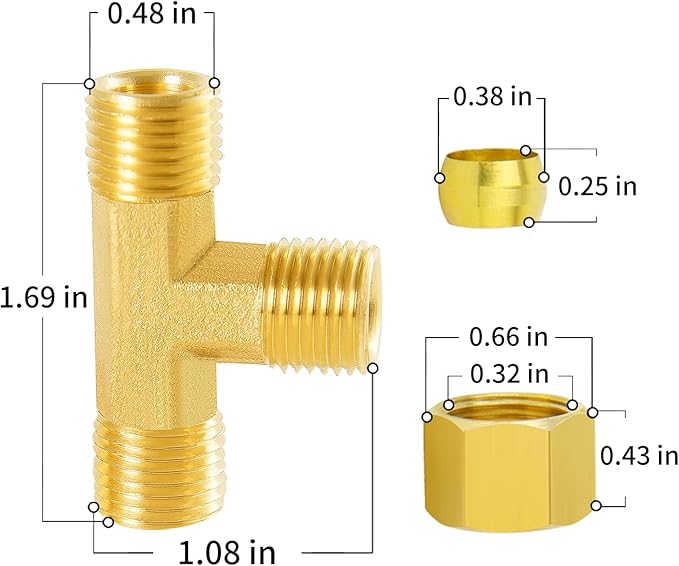 ChillWaves Brass Tee Compression Tube Fitting, 5/16" OD x 5/16" OD x 5/16" OD Compression Union Connector(5-PACK)