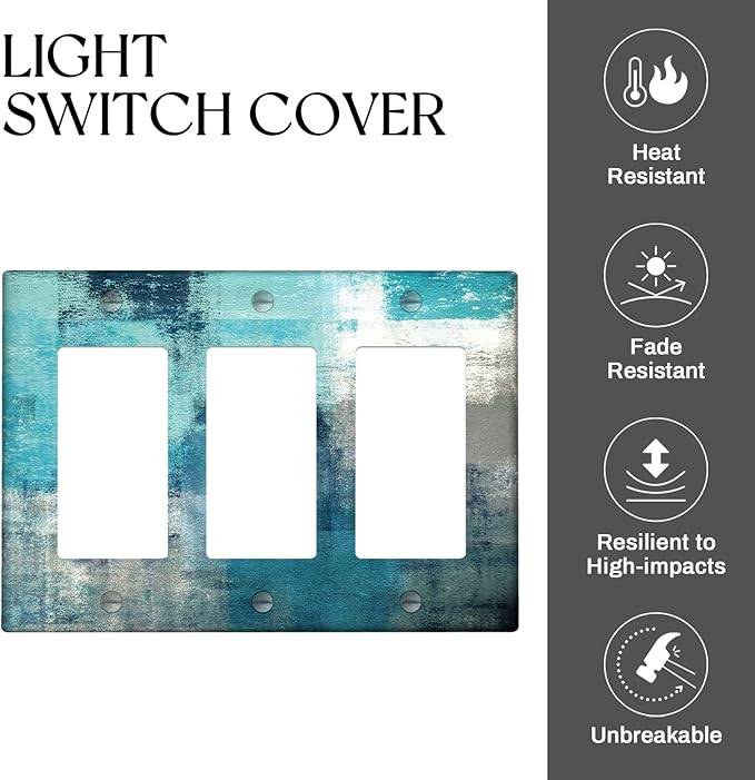 Turquoise Teal Grey 3-Gang Rocker Light Switch Cover Abstract Art Decorative Wall Plate Cover Modern Electrical Outlet Covers