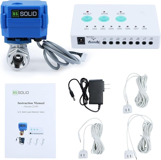 U.S. Solid Water Leak Detector - Water Alarm Leak Detect System with 1/2 Automatic Shut-Off Stainless Steel Motorized Ball Valve, Controller and 3 Sensors and Sound Alarm