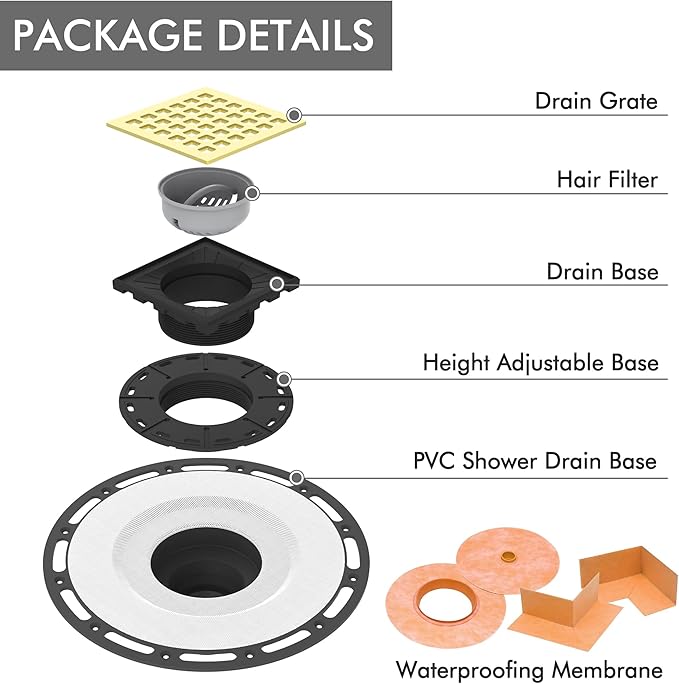 Shower Drain Kit with Brushed Gold Shower Grate, Waterproof Membrane and Pipe Sealing Collar, Complete Floor Drain System for Tiled Showers and Bathrooms