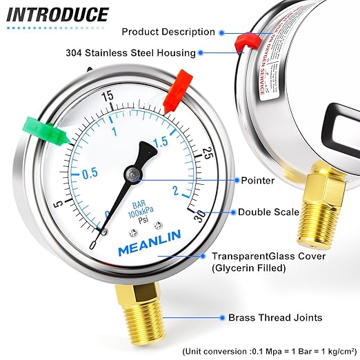 MEANLIN MEASURE 0~30Psi Liquid Filled Pressure Gauge 1/4" NPT 2.5" FACE DIAL Stainless Steel Glycerin Filled WOG Water Oil Air Lower Mount (with 2PCS Snaps)