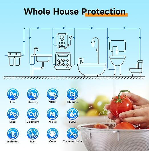 PUREPLUS 2-Stage Whole House Water Filtration System, Reduces Heavy Metals, Chlorine & Odor, 10" x 4.5" Housings, 1" Inlet/Outlet, RFN KDF Carbon & CTO Coconut Shell Filters, Pressure Gauges Included
