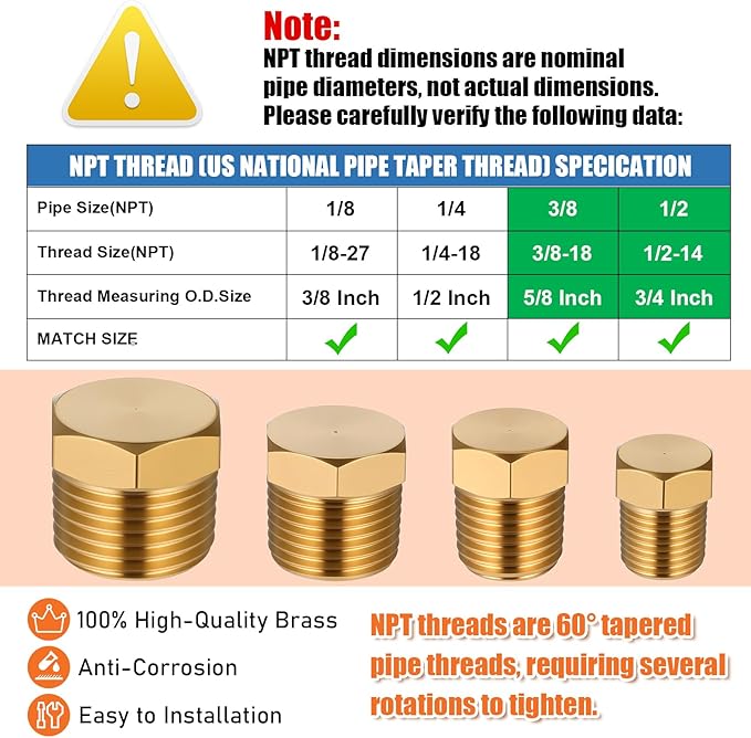 24 PCS Brass Plugs Fitting Brass Hex Pipe Plug Fittings Kits 1/8" 1/4" 3/8" 1/2" NTP Plug Male Threaded