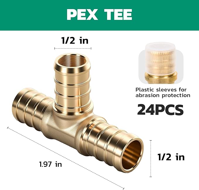 PEX Fittings 1/2 Inch, 24PCS Tee Lead-Free Brass Connectors for PEX B Pipe, NSF UPC Certified, ASTM F1807, Compatible with Crimp/Clamp Rings (Hot/Cold Water, Hydronic Heating)
