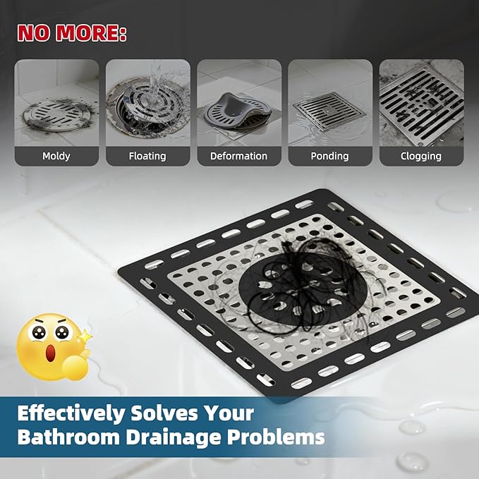 Hibbent Upgraded Shower Drain Hair Catcher, Shower Drain Cover for Bathroom Floor 4" Drain, Anti-Clogging Bathtub Drain Strainer, Stainless Steel Kitchen Sink Drain Strainer with Handle, Black