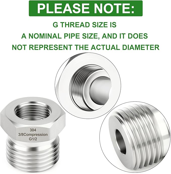 TAISHER 2PCS 304 Stainless Steel Reducer Water Hose Adapter 1/2" G Thread (BSP) × 3/8" Compression Pipe Fitting for kitchen bathroom faucet supply line adapter with rubber gasket