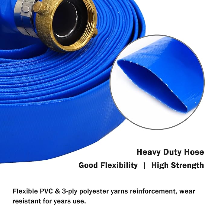 DAVCO 1.25" ID x 100 ft Pool Backwash Hose, Heavy Duty Reinforced Blue PVC Lay Flat Water Discharge Pump Hoses For Swimming Drain Pools and Clean Filters, With Aluminum Pin Lug Fittings