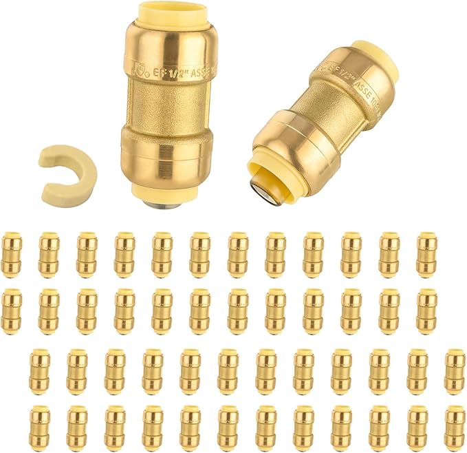 50-Pack Niikappu Push Fit Fittings, 1 Inch x 1 Inch Brass Plumbing Fittings to Connect PEX, Copper, CPVC, Brass Straight Coupling With Disconnect Clip