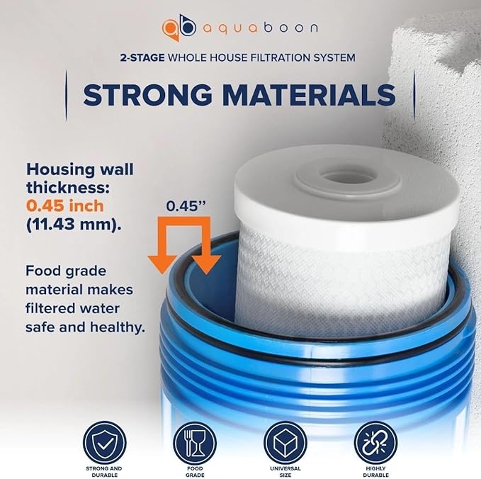 Aquaboon 2-Stage Water Filter System with Prefilter & 20x4.5 Anti-Scale/Sediment, KDF Whole House Filters, Pressure Gauge & Release, Wrench, Freestanding Steel Frame