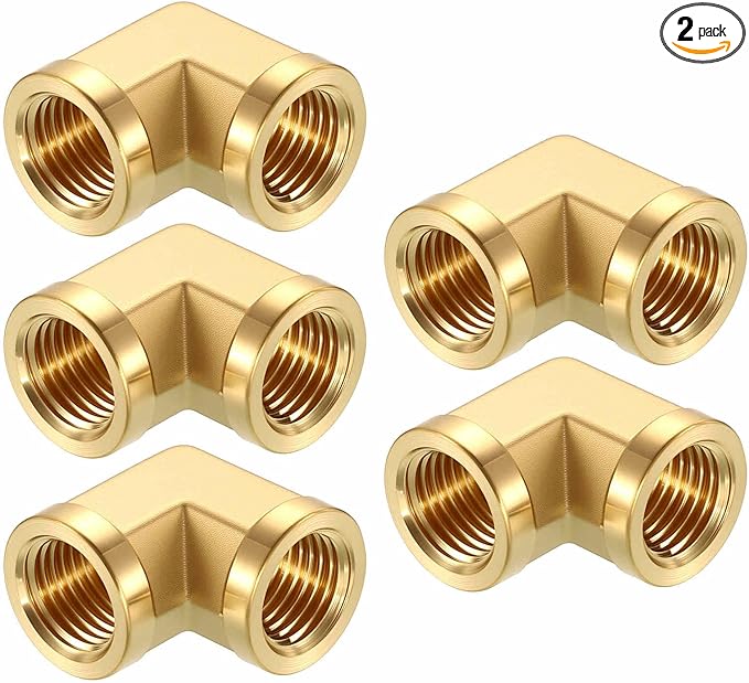 Packs of 2, 90 ° 1/4 in FNPT to 1/4 in FNPT Solid Brass Barstock Street Elbow, Forged Pipe Fittings for Pipe Leak Repair, Bathroom Remodeling, Air Compression, Refrigeration