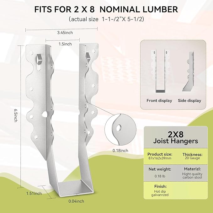 25 pcs 2x8 Joist Hanger,LU28 20 Gauge Galvanizing Face Mount Joist Hangers for Wood,Hurricane Tie for Rafter Fits Truss Connectors Rafter Hangers 2x8 Great for Floor Deck and Ceiling Joists