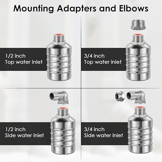 4pcs 304 Stainless Steel Automatic Water Float Valve 1/2" and 3/4" Connection Types Precise Control Water Level Controller Water Level Control Float Valve for Sink for Water Tank Livestock Troughs