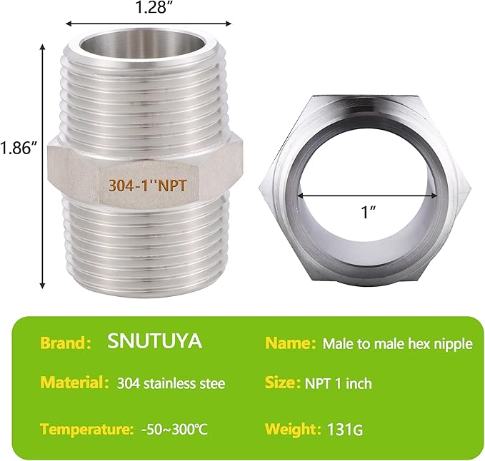 2PCS Hex Nipple 1" x 1" Male Pipe Fittings, 304 Stainless Steel 1 inch NPT Threaded Pipe Adapter Fittings, Male Straight Connector Pipe Fitting