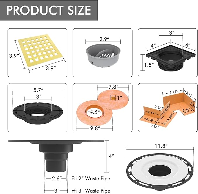 Shower Drain Kit with Brushed Gold Shower Grate, Waterproof Membrane and Pipe Sealing Collar, Complete Floor Drain System for Tiled Showers and Bathrooms