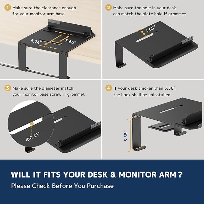 Monitor Arm Reinforcement Plate - with Phone Holder and Hook, for Thin, Glass and Other Fragile Tabletop, Compatible with Most Monitor Stand C-Clamp Installations, Anti-Slip, Black