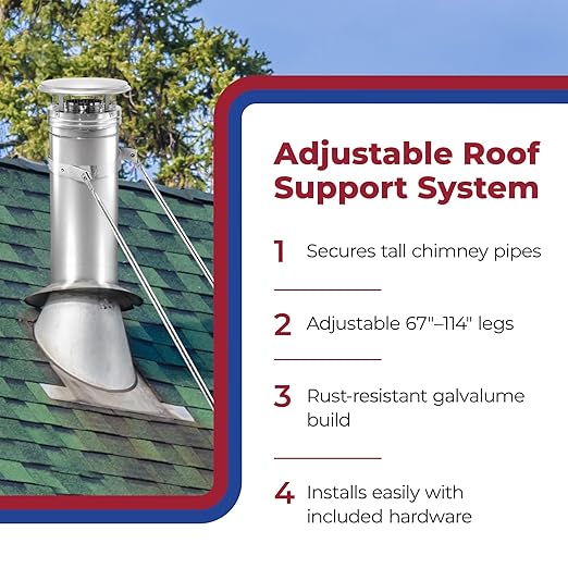 DuraVent DuraPlus 8 Inch Extended Roof Bracket Chimney Stove Pipe Support for Stability, with Mounting Brackets and Adjustable Legs, Silver