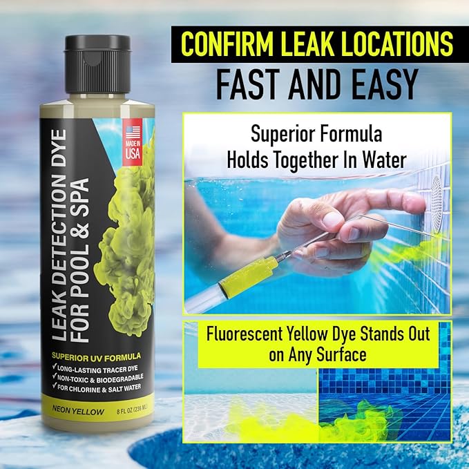 Pool Leak Detection Dye Kit - with 2 Precision Applicators - Made in USA - Superior Long Lasting UV Pool Dye Easily Locates Leaks - for All Pool, Spa, & Hot Tub Types - 8 OZ (Fluorescent Yellow)
