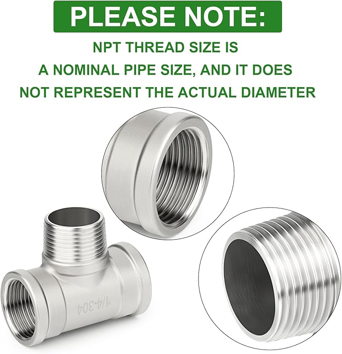 TAISHER 5PCS 304 Stainless Steel Tee Pipe Fittings, 1/4" NPT Female x 1/4" NPT Male x 1/4" NPT Female Pipe Fittings, Male Branch Tee