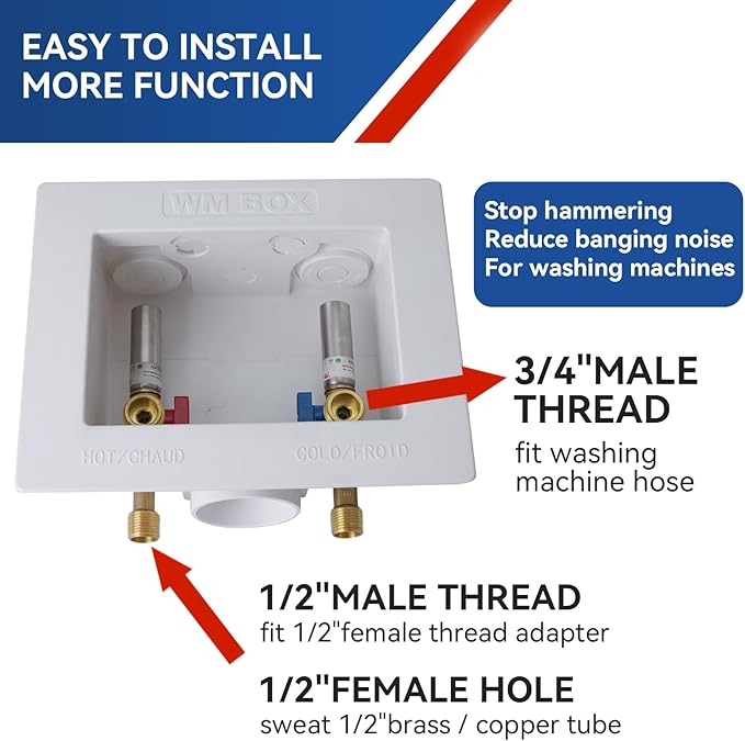 Washing Machine Outlet Box with Water Hammer Arrestor,1/2 Inch Sweat MIPInlet Connection,3/4 Inch MHT Outlet Male Thread Connection, PEX Box with Center Drain with 1/4-Turn Ball Valve