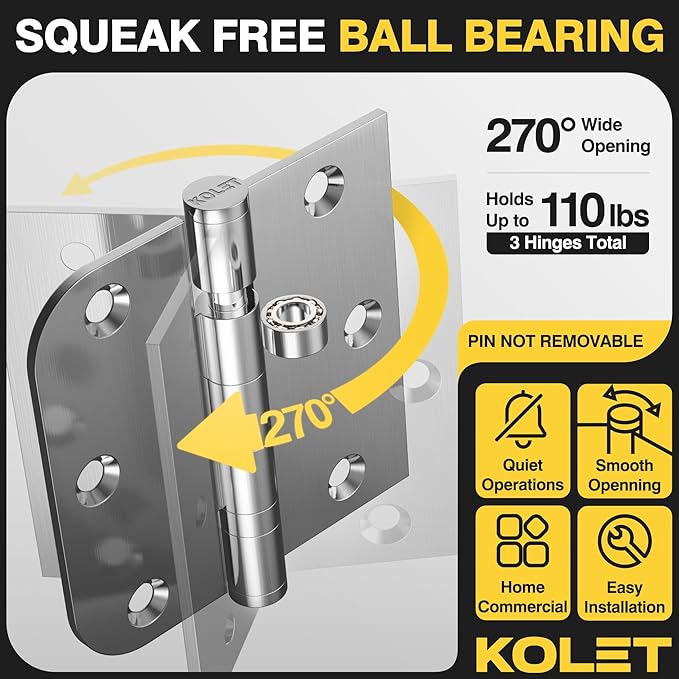 KOLET Ball Bearing Door Hinges, 3.5 x 3.5 Inches Stainless Steel Hinges, Square and 5/8'' Radius Corner, Heavy Duty Door Hinges, Smooth and Quiet, Non Removable Pin, Brushed Nickel, 3 Pack
