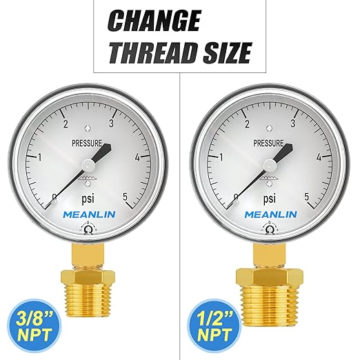 MEANLIN MEASURE 0-5psi Diaphragm Type Capsule Low Pressure Gauge 1/4" NPT 2-1/4" FACE DIAL Adjustable Water Column Gauge, with 1/4" x 1/2" NPT and 1/4" x 3/8" NPT Hex Bushing, Lower Mount