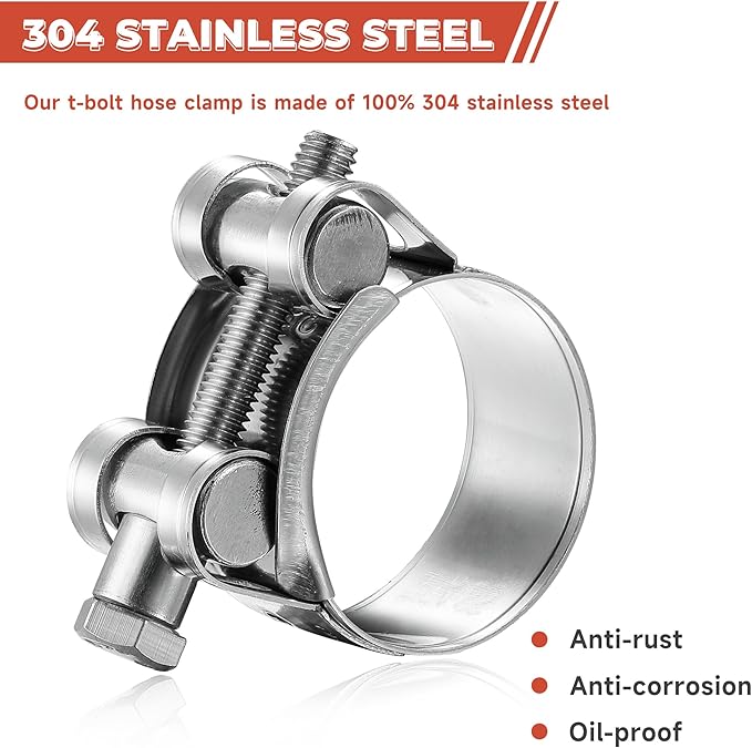 AKIHISA T-Bolt Hose Clamp,36-39mm OD Range 304 Stainless Steel Pipe Strap Clamp, Adjustable Heavy Duty Tube Clamp (4Pack, 1.42" to 1.54")