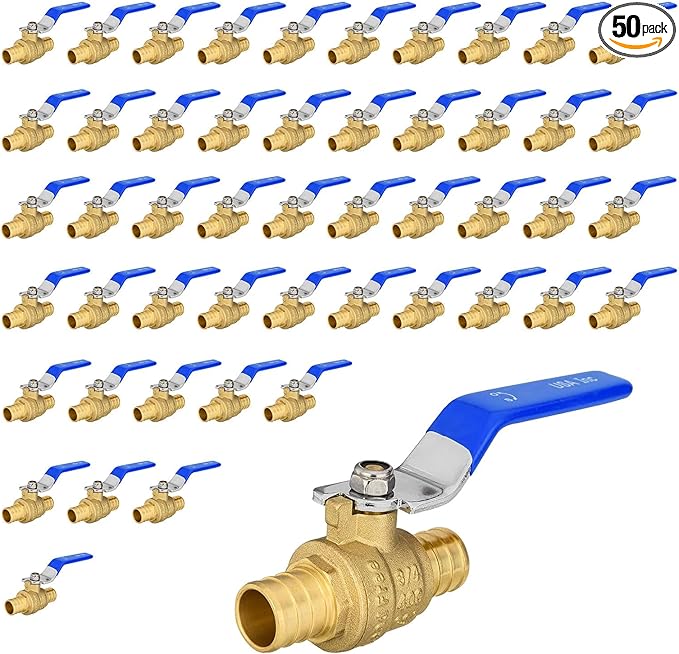 50 Pack Ball Valves, 3/4" Pex Crimp Shut Off Valve Blue, Brass Full Port Pex B Shut Off Ball Valve for Hot and Cold Water, NSF/ANSI 61 Certified
