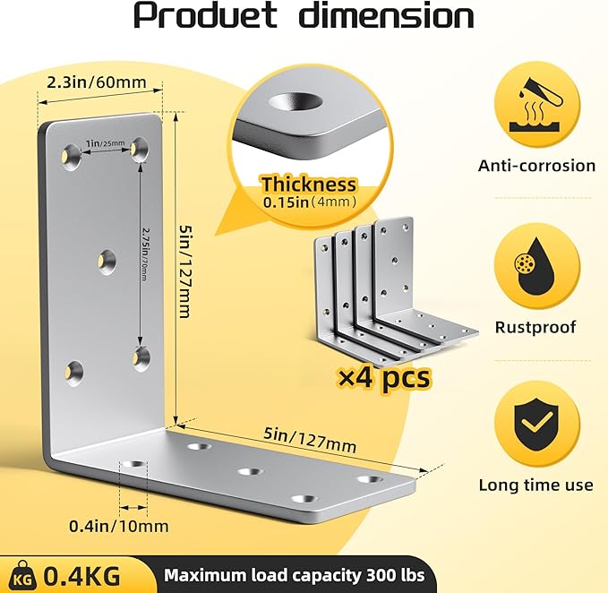 5" X 5"Heavy Duty Shelf Brackets,4PCS L Brackets for Wood,L-Shape Corner Bracket,90 Degree Angle Bracket,Galvanized Corner Brace for Wood Furniture, Bed Frames, Shelving & Timber Projects