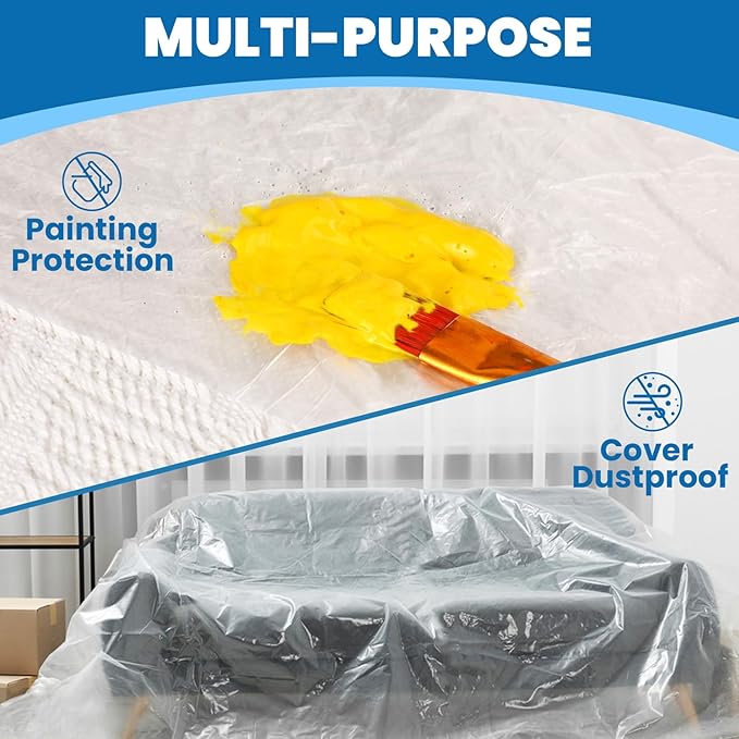 32 Pack Plastic Drop Cloth, 9 x 12 Feet Plastic Sheeting, Painter's Sheeting & Tarps for Painting, Dustproof Painters Plastics Tarp for Furniture Cover