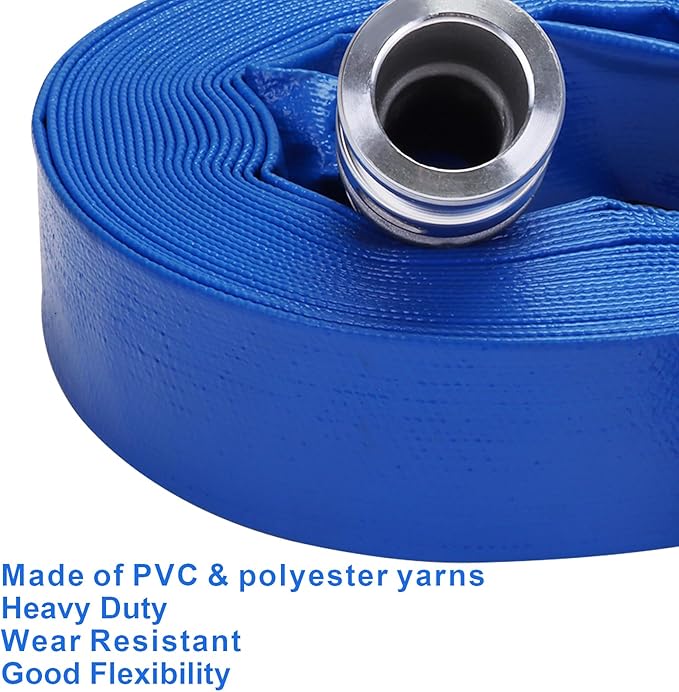 Lay-Flat Pool Backwash Hose - 1.5" x 50Ft with Aluminum Camlock C & E Fittings Reinforced Heavy Duty PVC Discharge Hose Weather-Proof Vinyl Pool Drain Hose for Water Transfer