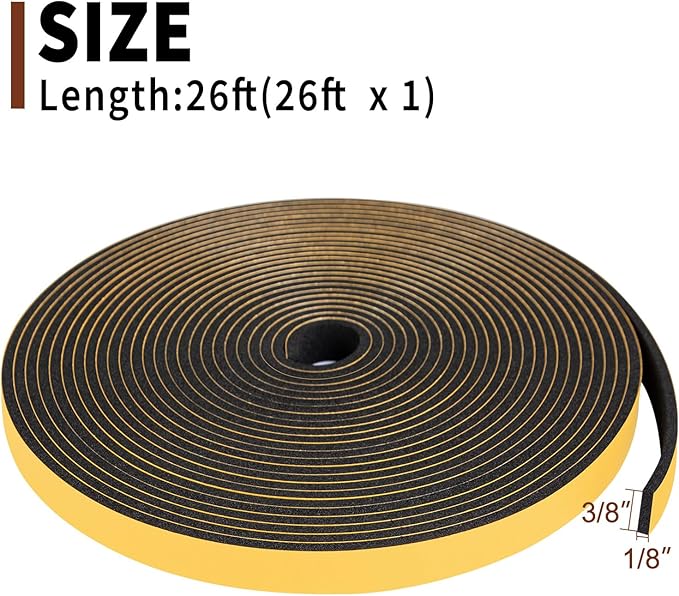 Yotache Foam Seal Tape 3/8" W X 1/8" T (New Adhesive Craft), High Density Adhesive Foam Weather Stripping Seal for Door and Window, 26 Ft Length